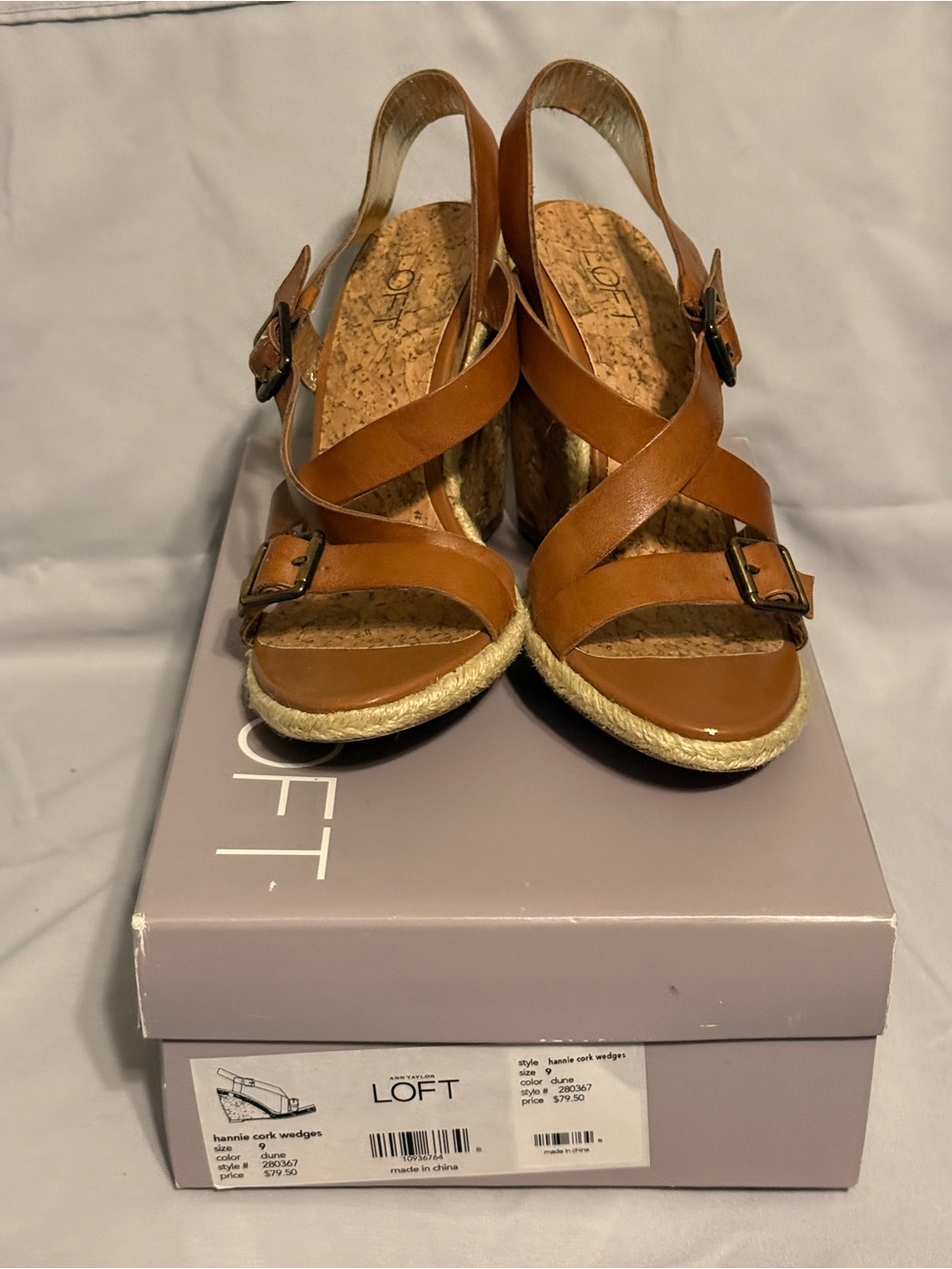 LOFT Tan Brown Leather Crisscross Wedge Sandals SZ 9